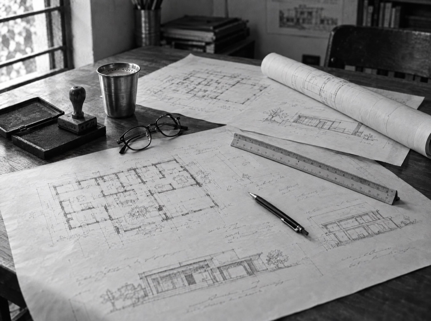 Building plan sheets on an architect's table