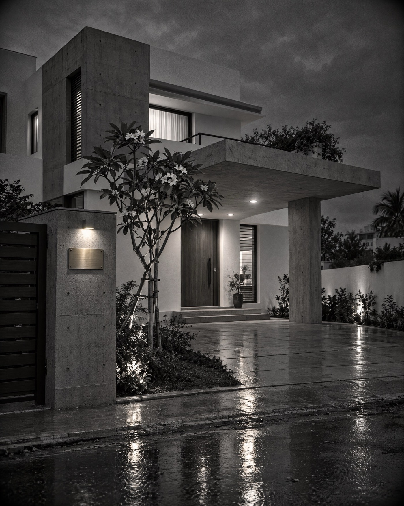 Completed modern residence at dusk