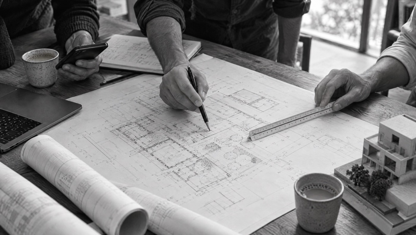 Hands of architects reviewing a plan on a table